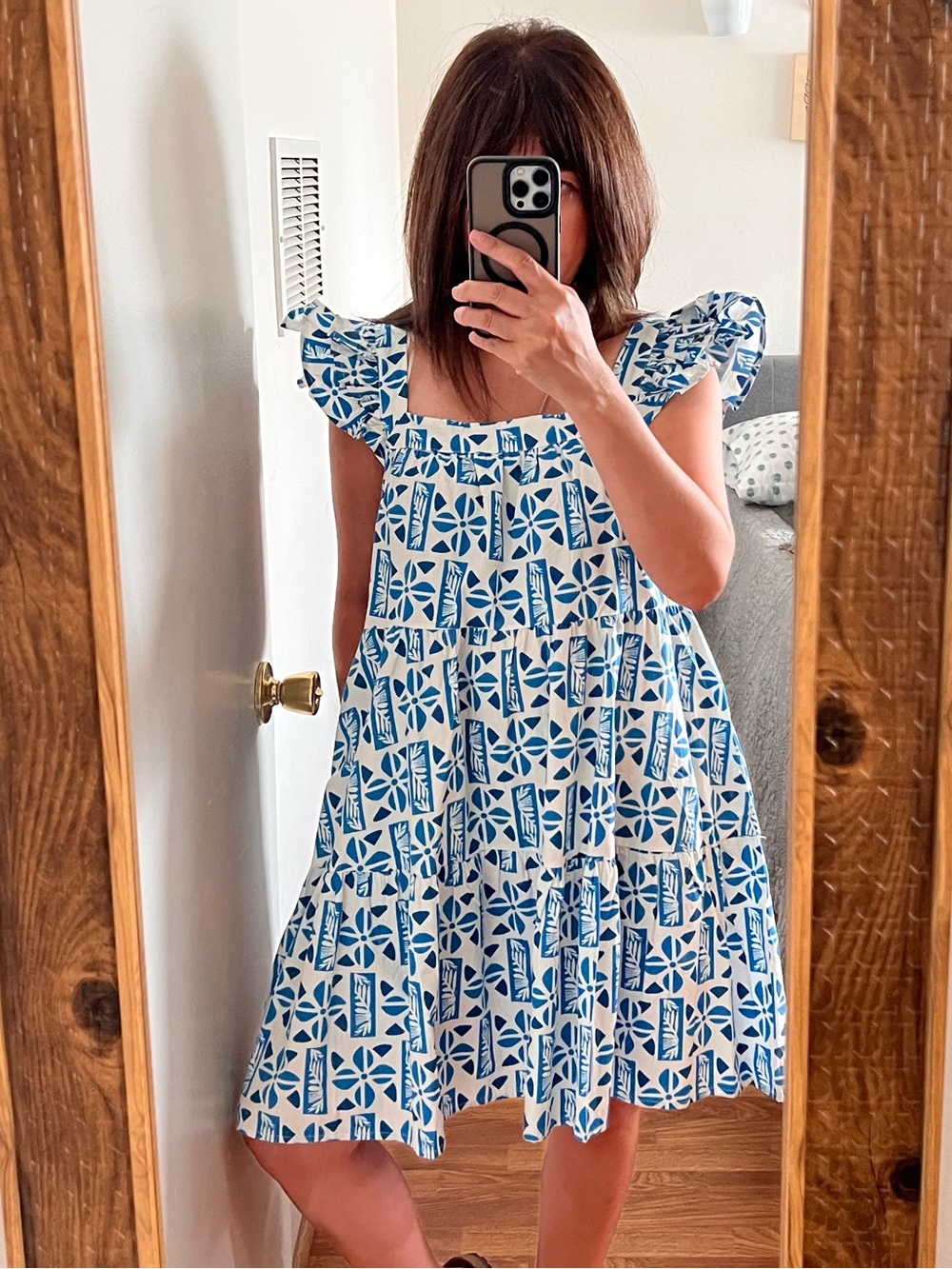 FLYING TOMATO NWT 100% Cotton Geometric Print Blue/White Mini Dress Size S